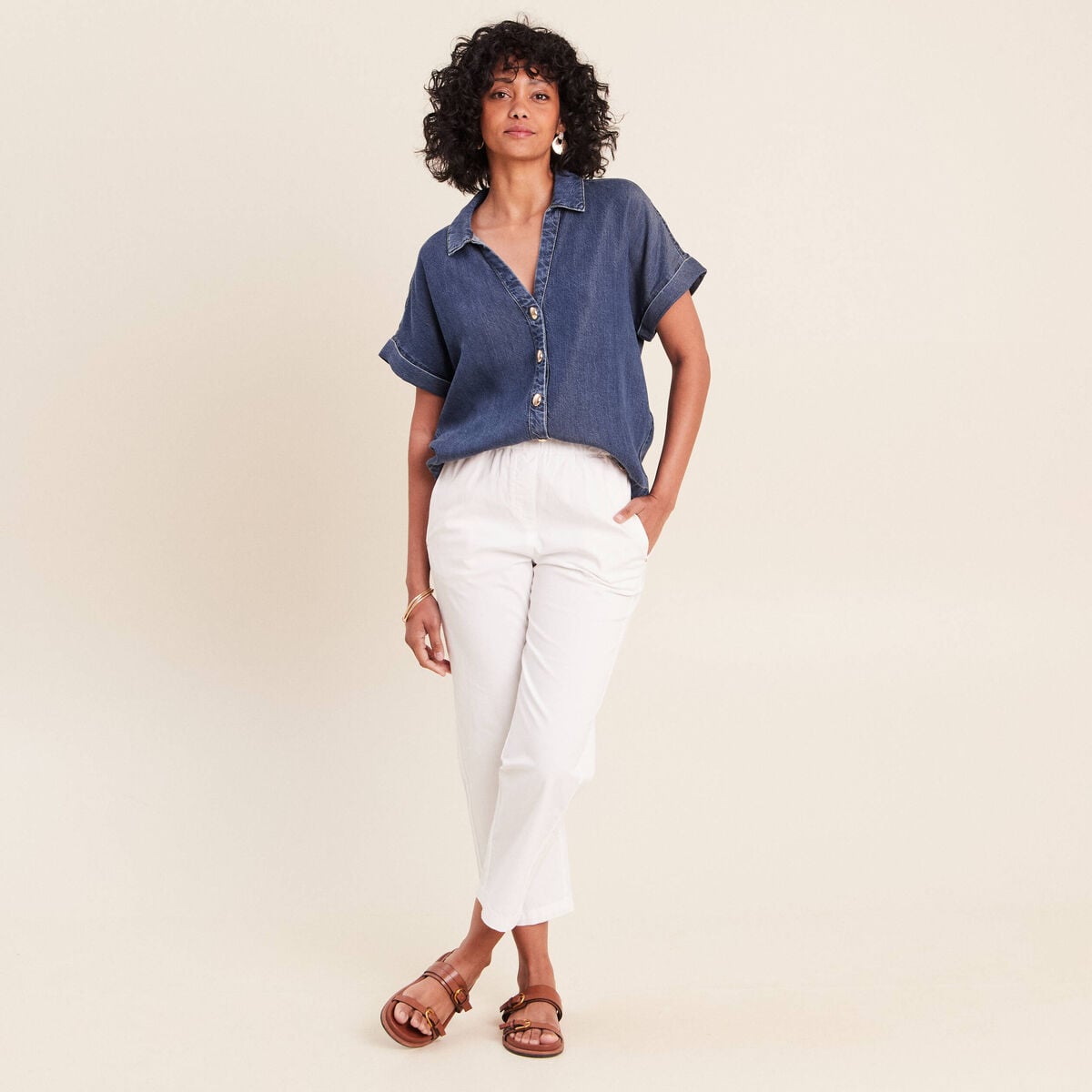 Chemise col chemise manches courtes denim double stone femme