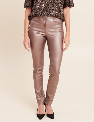Pantalon iris&eacute; en similicuir marron fonc&eacute; femme