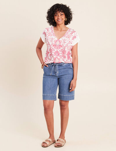 T-shirt macram&eacute; manches courtes ecru femme