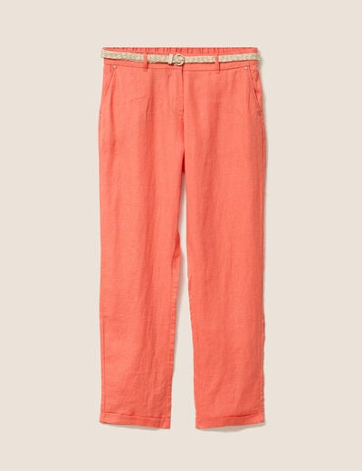 Pantalon coupe chino en lin ceintur&eacute; orange fluo femme