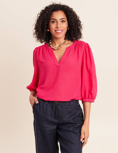 Blouse ample col tunisien manches 3/4 rose fushia femme