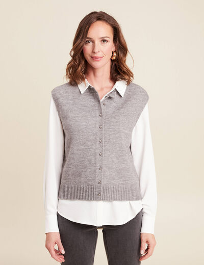 gilet droit court sans manches col rond gris clair femme