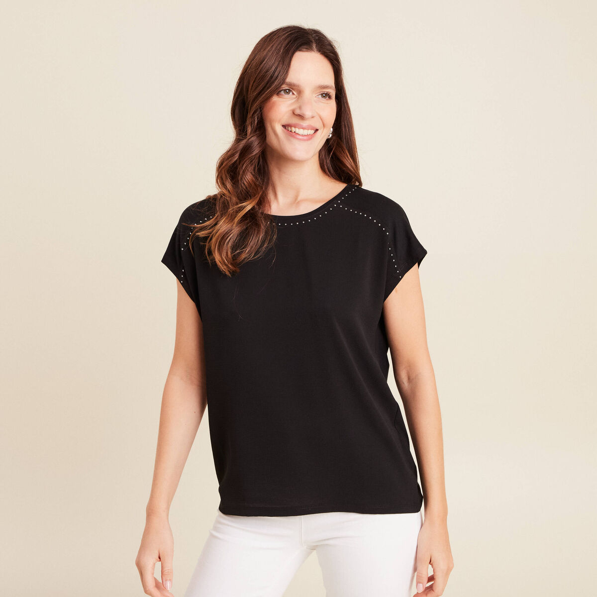 T-shirt bi-mati&egrave;re manches courtes noir femme