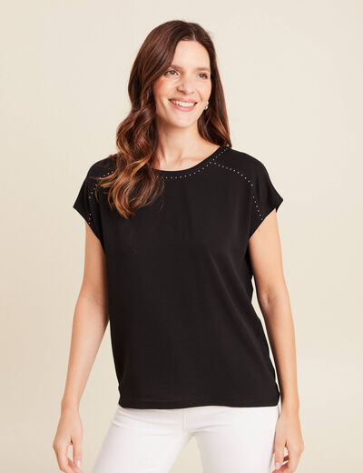 T-shirt bi-mati&egrave;re manches courtes noir femme