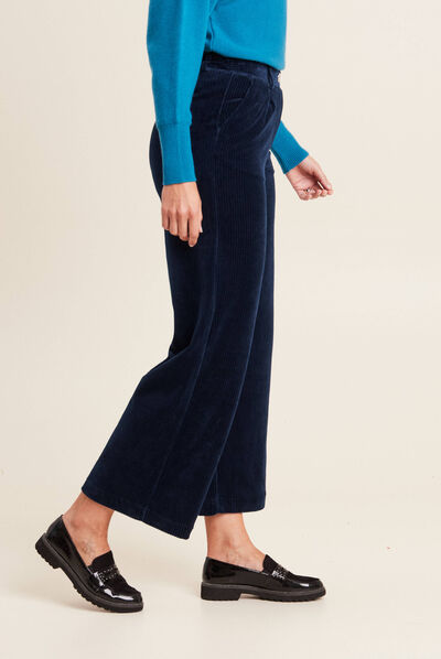 Pantalon large velours bleu marine femme
