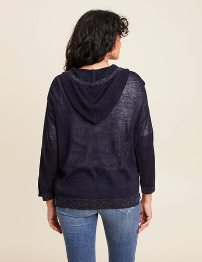 Gilet droit mi-long à capuche bleu marine femme