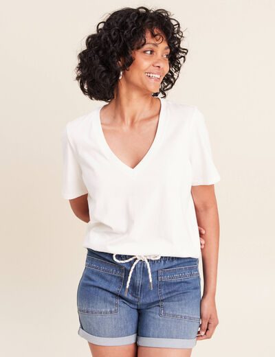 T-shirt col v manches courtes ecru femme