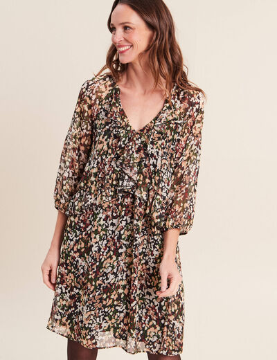Robe courte &eacute;vas&eacute;e col v manches longues multicolore femme