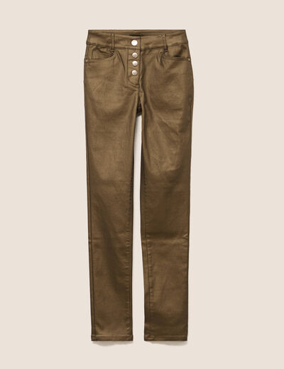 Pantalon ajust&eacute; taille bascul&eacute;e enduit vert kaki femme
