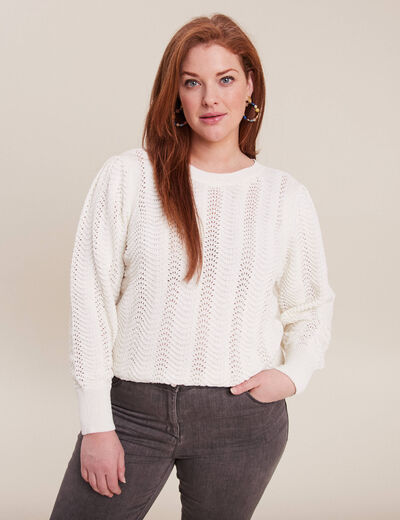 Pull manches longues col rond ecru femme