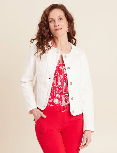 Veste en jean détails tressés blanc femme