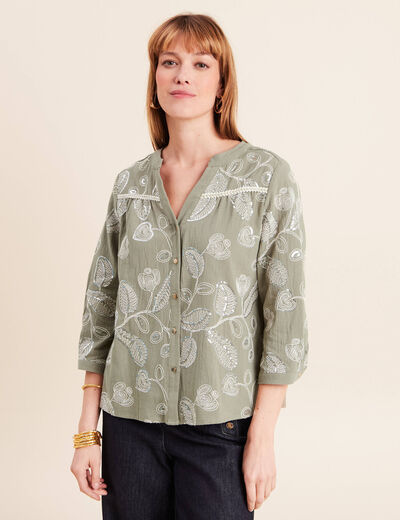 Blouse col tunisien manches 3/4 vert femme