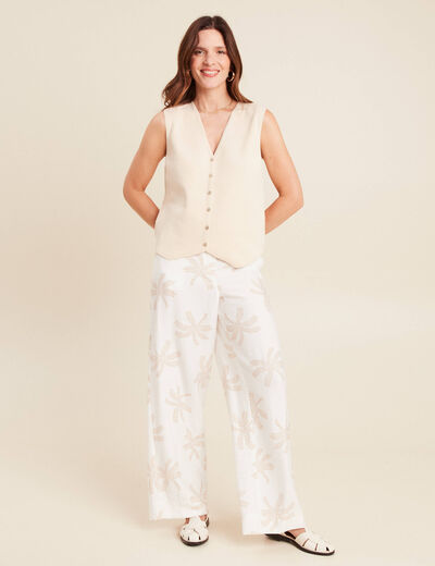 Pull cintré court col V beige femme
