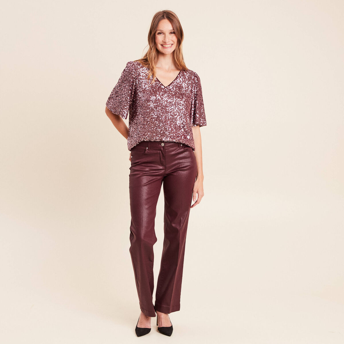 T-shirt &agrave; sequins manches coudes bordeaux femme