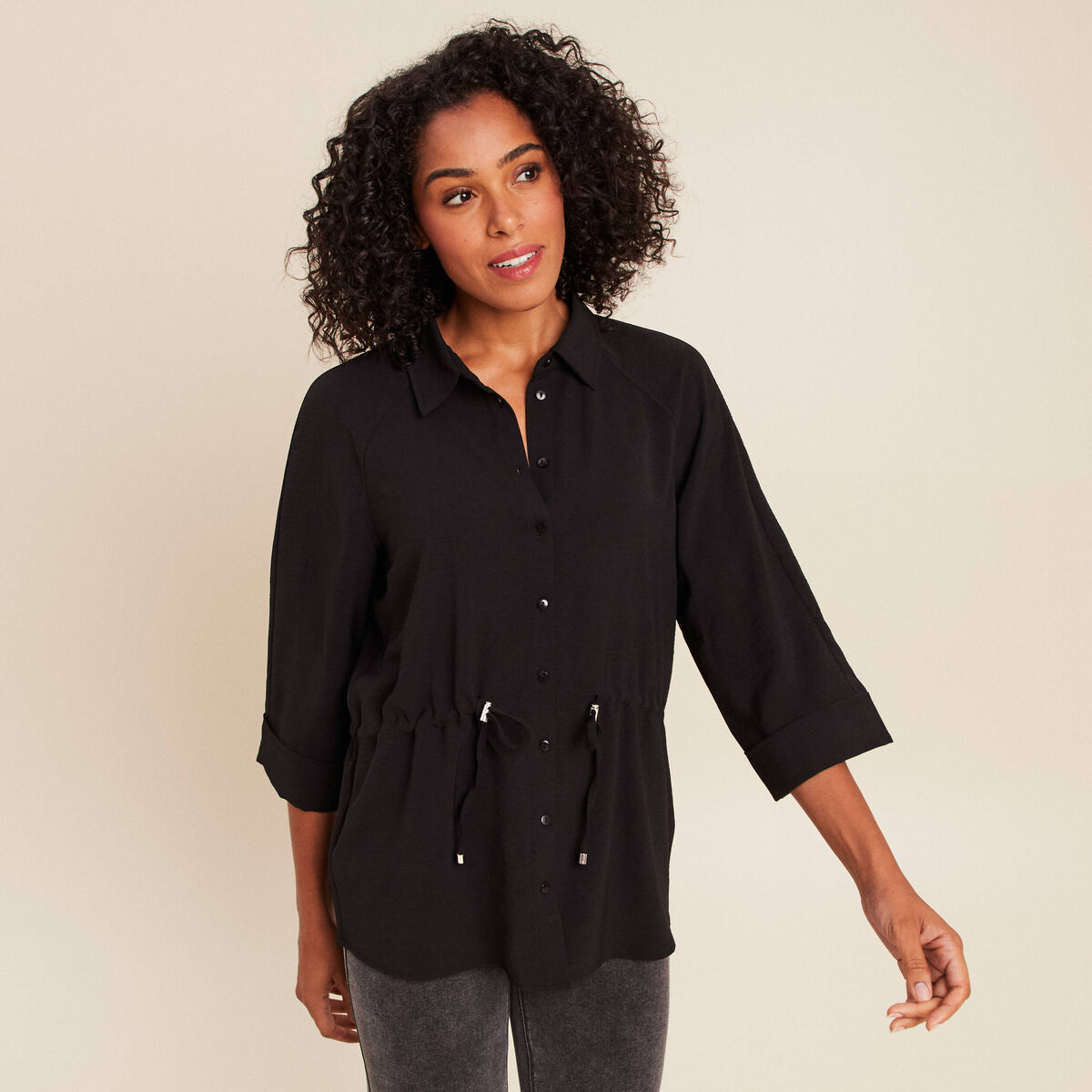 Tunique droite longue col chemise noir femme