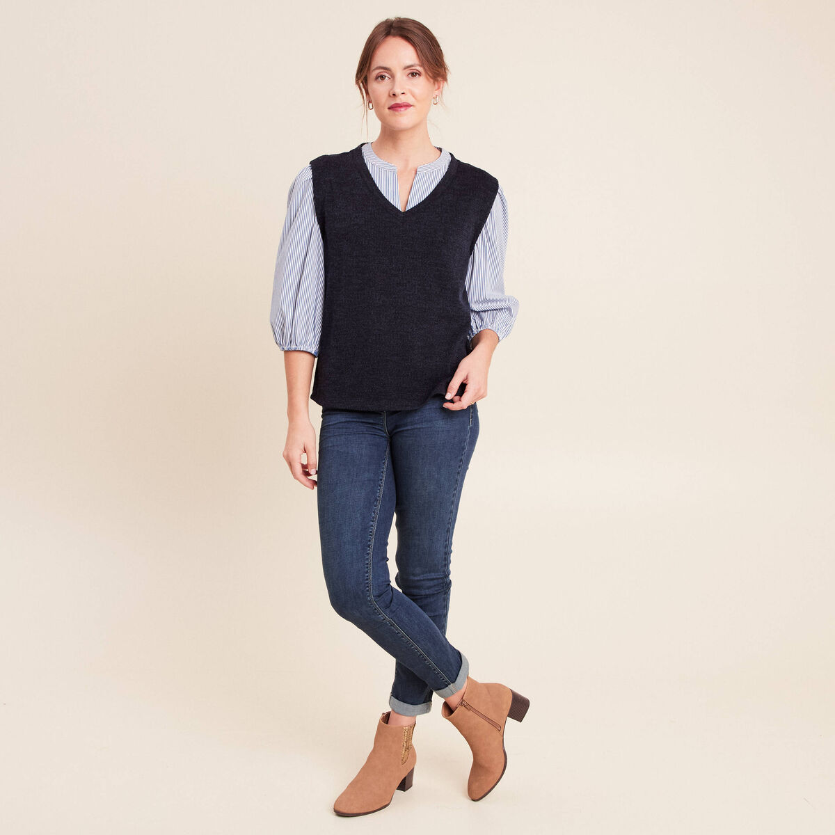 T-shirt 2 en 1 col tunisien manches 3/4 bleu marine femme