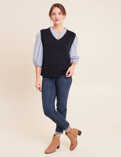 T-shirt 2 en 1 col tunisien manches 3/4 bleu marine femme