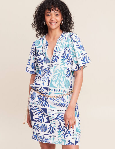Robe droite courte col tunisien bleu femme