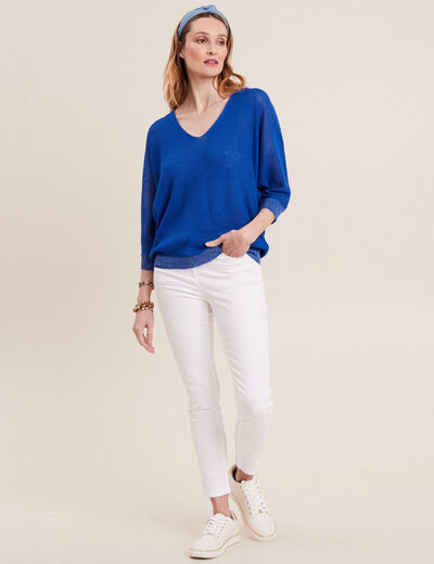 Pull manches longues col en V bleu electrique femme