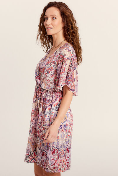 Robe évasée col cache-coeur multicolore femme