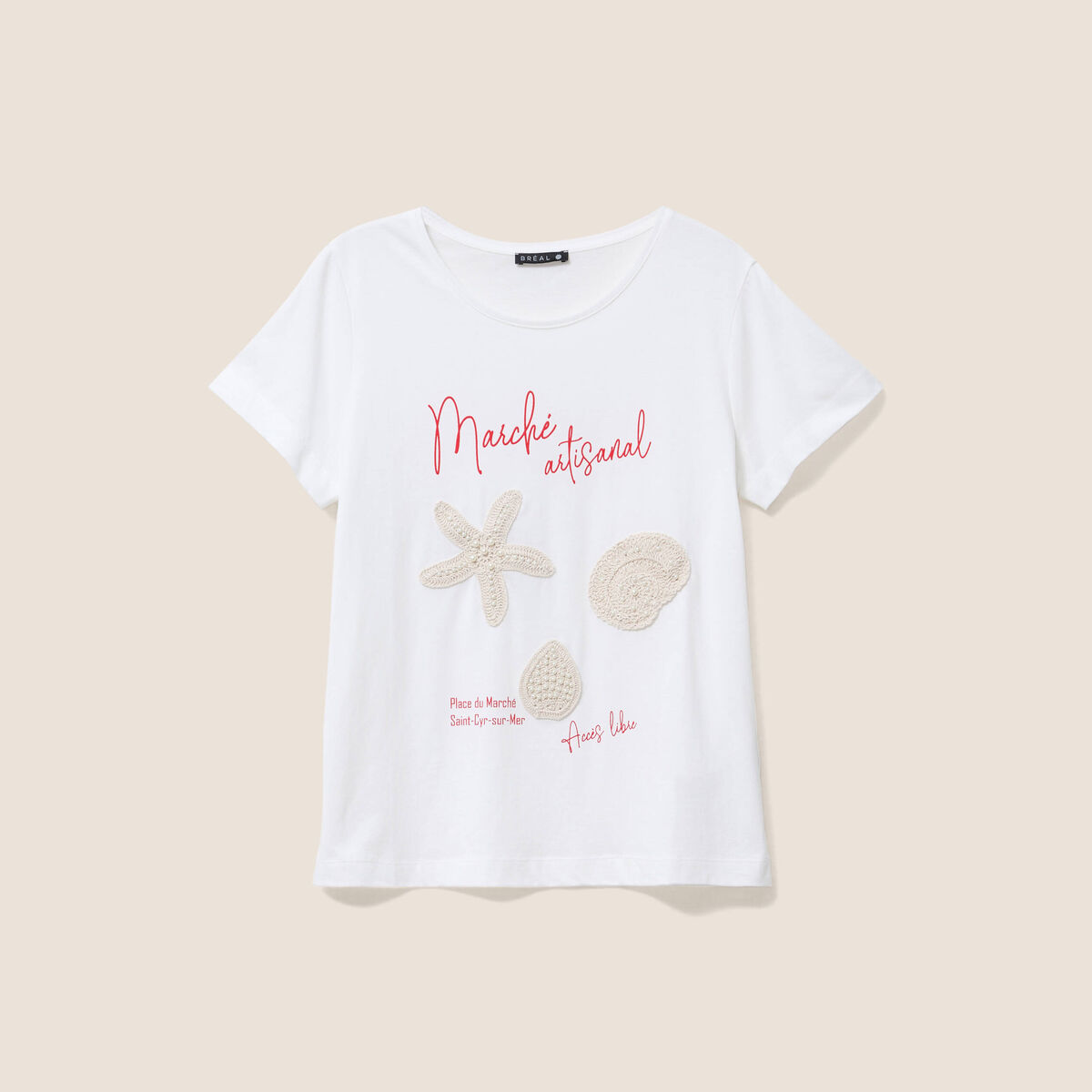 T-shirt col rond manches courtes ecru femme
