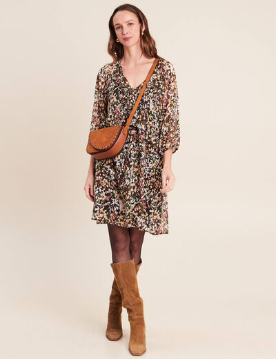 Robe courte &eacute;vas&eacute;e col v manches longues multicolore femme