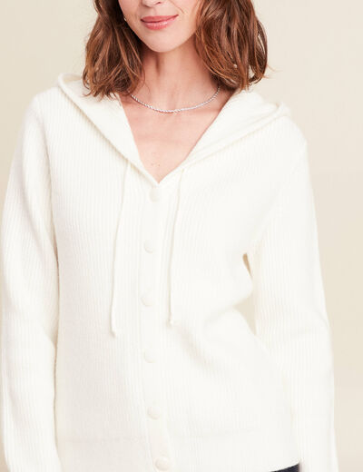 Gilet mi-long à capuche bas resserré ecru femme