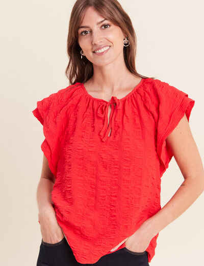 Blouse col v manches courtes fluide rouge femme