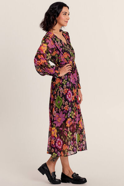 Robe longue évasée col en V noir femme