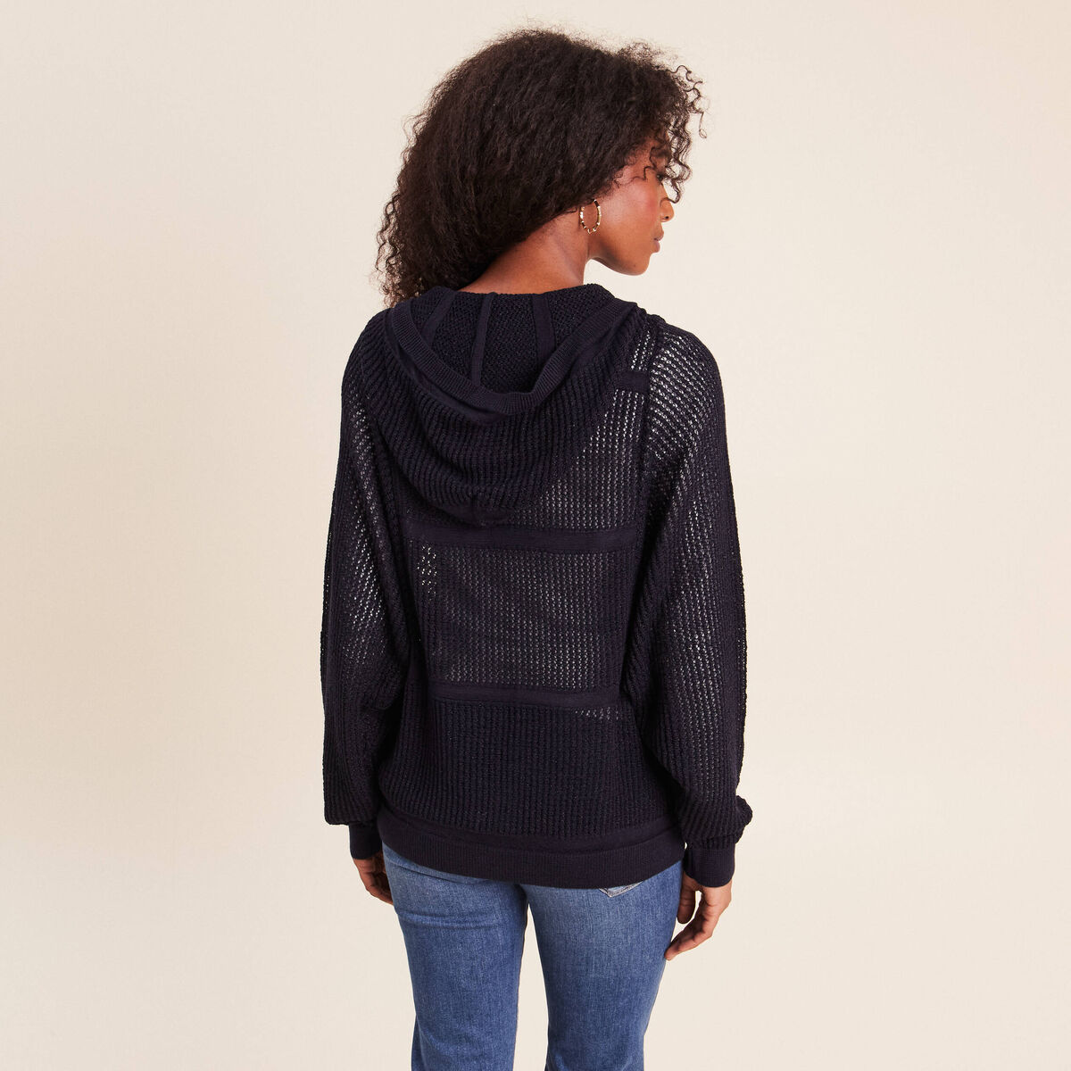 Gilet ajour&eacute; &agrave; capuche manches longues bleu marine femme