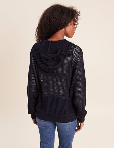 Gilet ajour&eacute; &agrave; capuche manches longues bleu marine femme