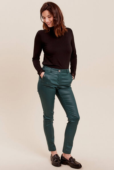 Pantalon ajusté enduit vert femme