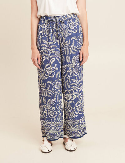 Pantalon large taille haute bleu femme