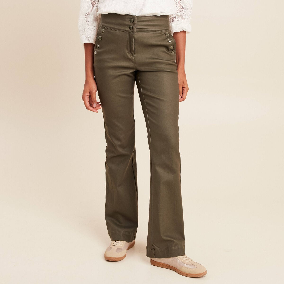 Pantalon bootcut enduit taille haute vert kaki femme