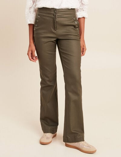 Pantalon bootcut enduit taille haute vert kaki femme