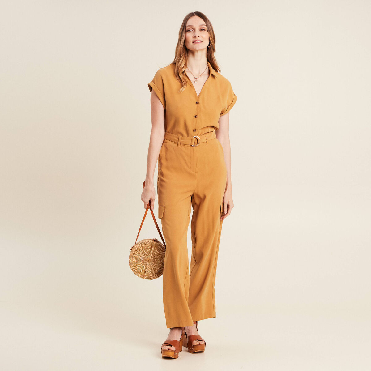 Combinaison pantalon fluide camel femme