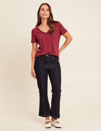 T-shirt manches courtes col en V bordeaux femme