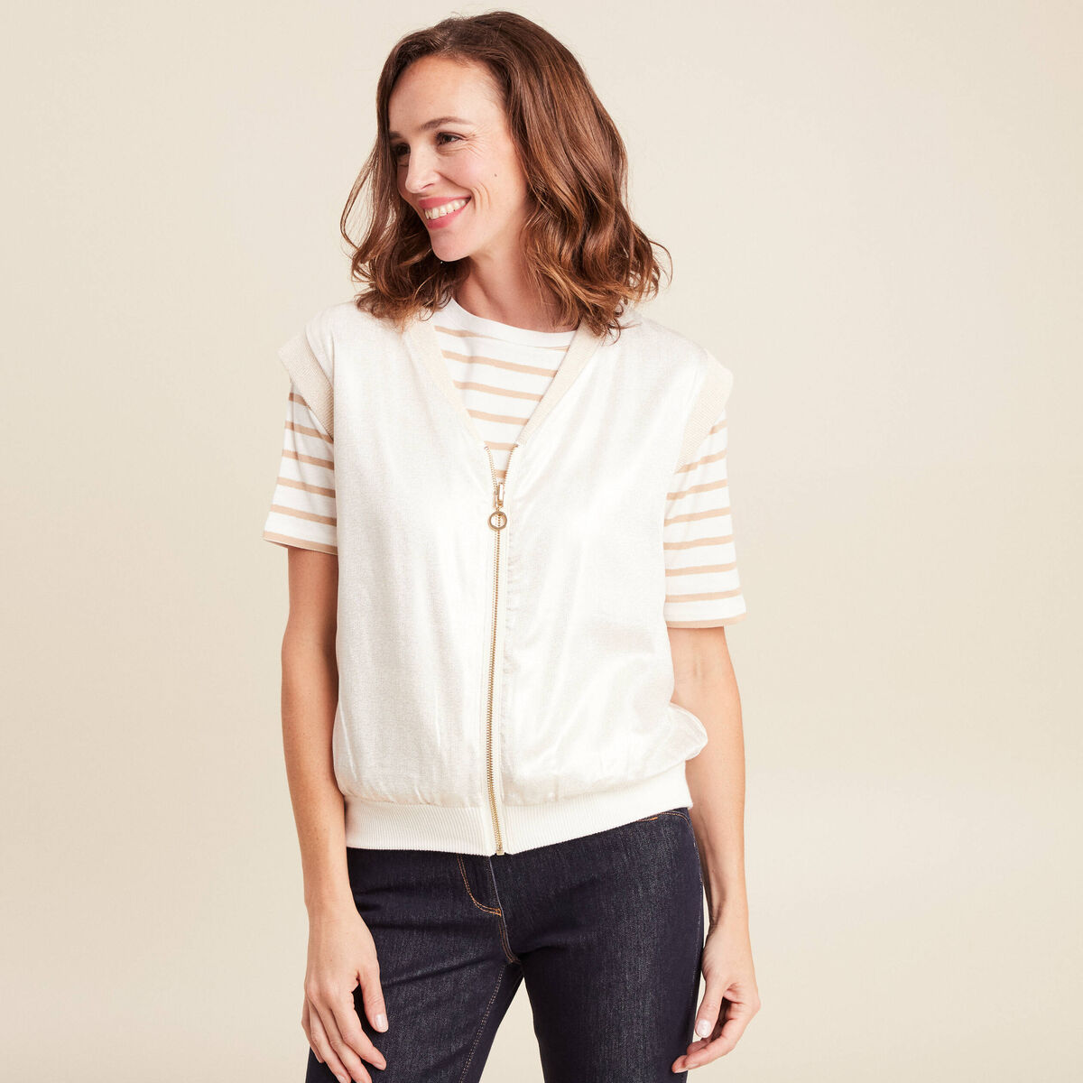 gilet réversible sans manches en coton ecru femme