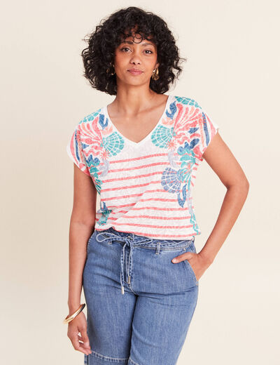 T-shirt col v manches courtes strass ecru femme