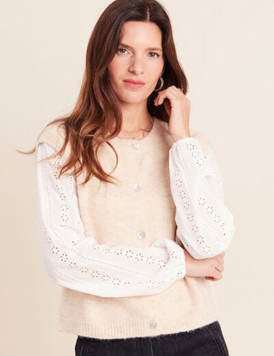 Gilet bi-mati&egrave;re col rond ivoire femme