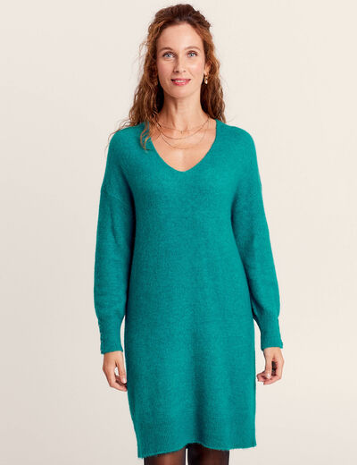 Robe pull droite col en V vert canard femme