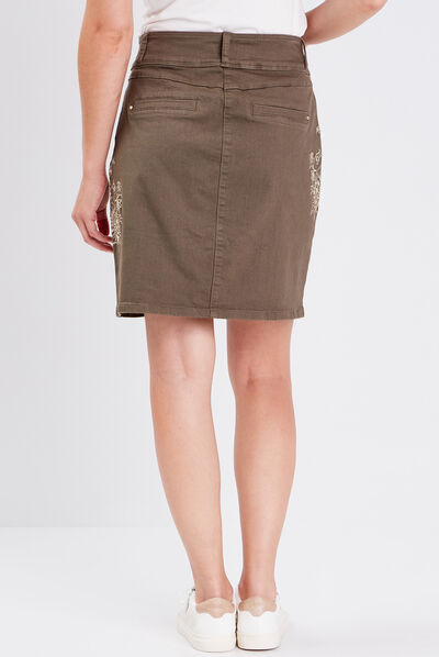 Jupe droite brodée vert kaki femme