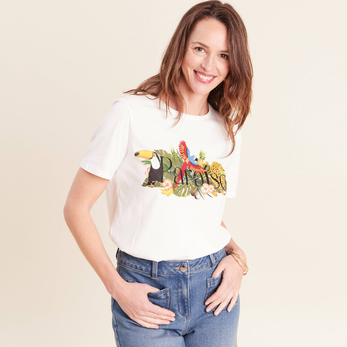 T-shirt col rond manches courtes ecru femme
