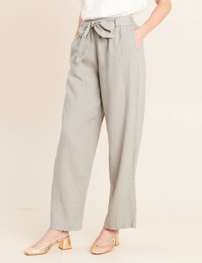 Pantalon large taille haute aspect lin vert clair femme