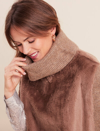 Pull sans manches col roul&eacute; marron femme