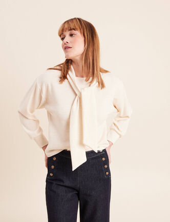 Pull col ch&acirc;le manches longues ecru femme