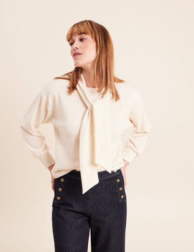 Pull col ch&acirc;le manches longues ecru femme