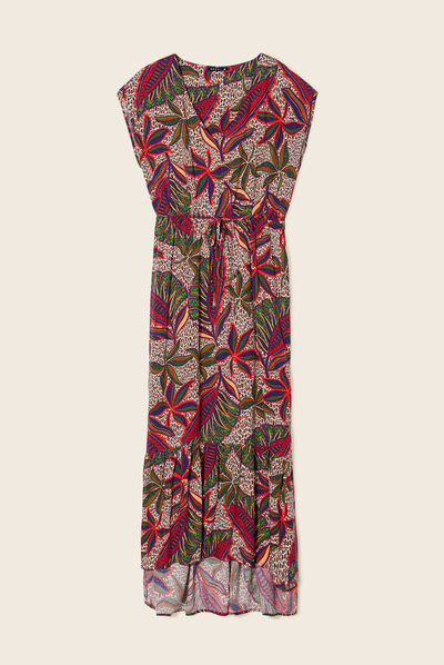 Robe longue évasée col en V multicolore femme