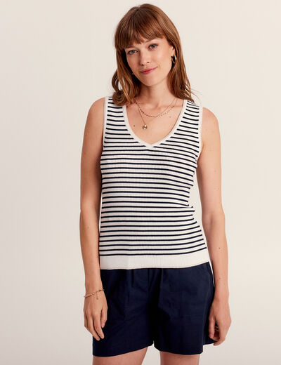 Pull débardeur col en V bleu marine femme