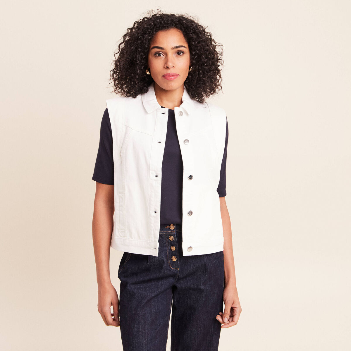 Veste sans manches en jean ecru femme